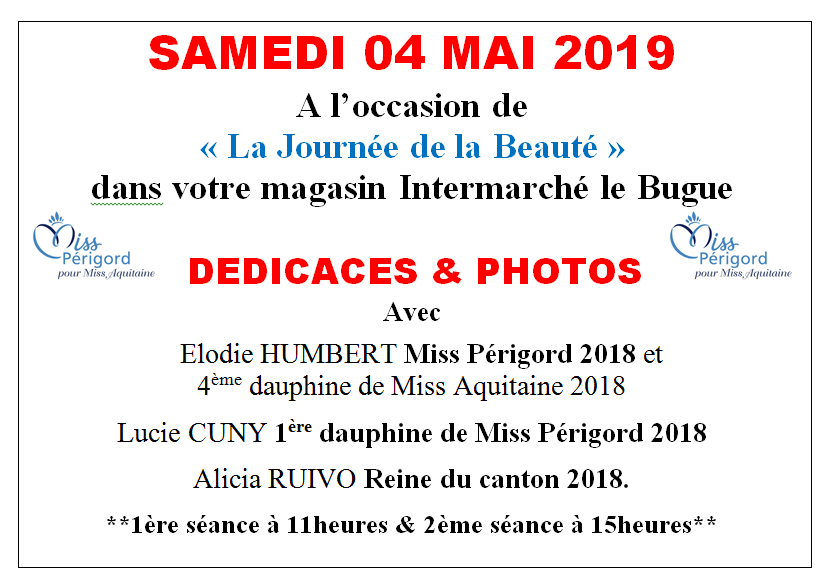 You are currently viewing Elodie HUMBERT Miss Périgord 2019 sera l’invitée de l’Intermarché du Bugue  le Samedi 4 Mai
